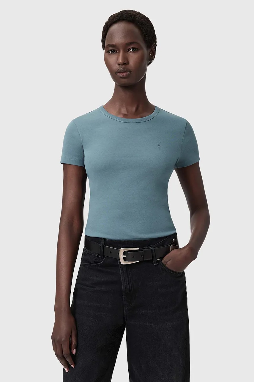 Bavlněné tričko AllSaints dámské, modrá barva, W285JC