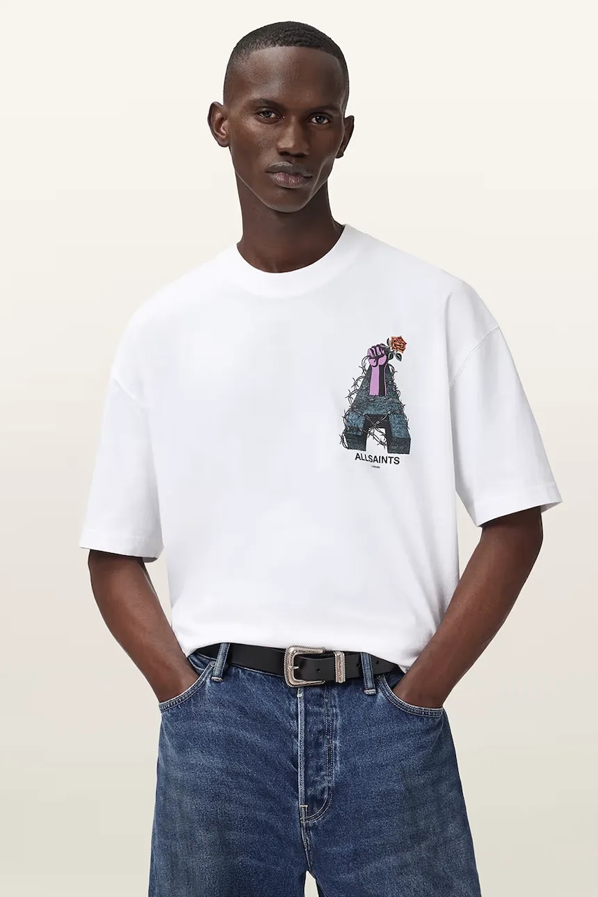 Bavlněné tričko AllSaints DEFIANCE pánské, bílá barva, s potiskem, M004PD