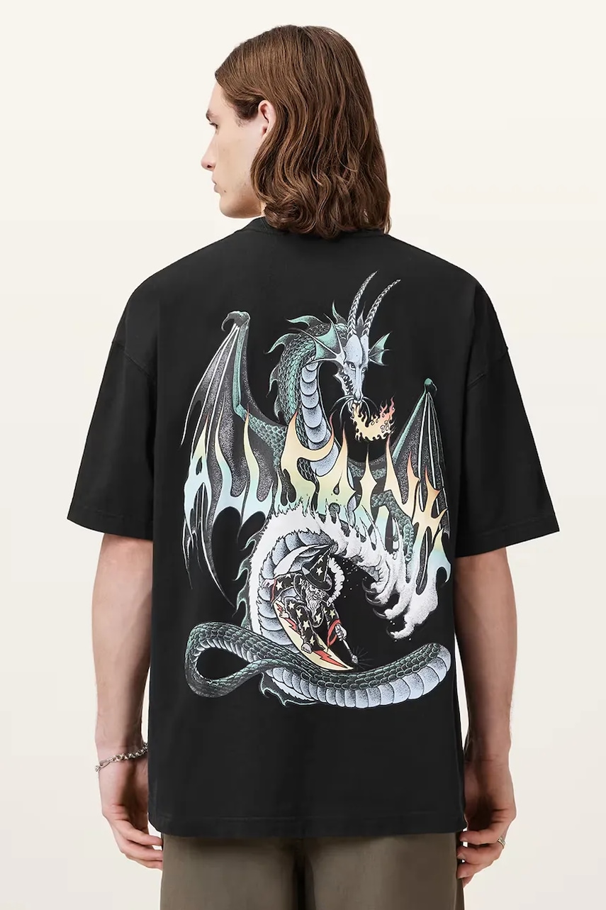 Bavlněné tričko AllSaints DRAGON pánské, černá barva, s potiskem, M036PC