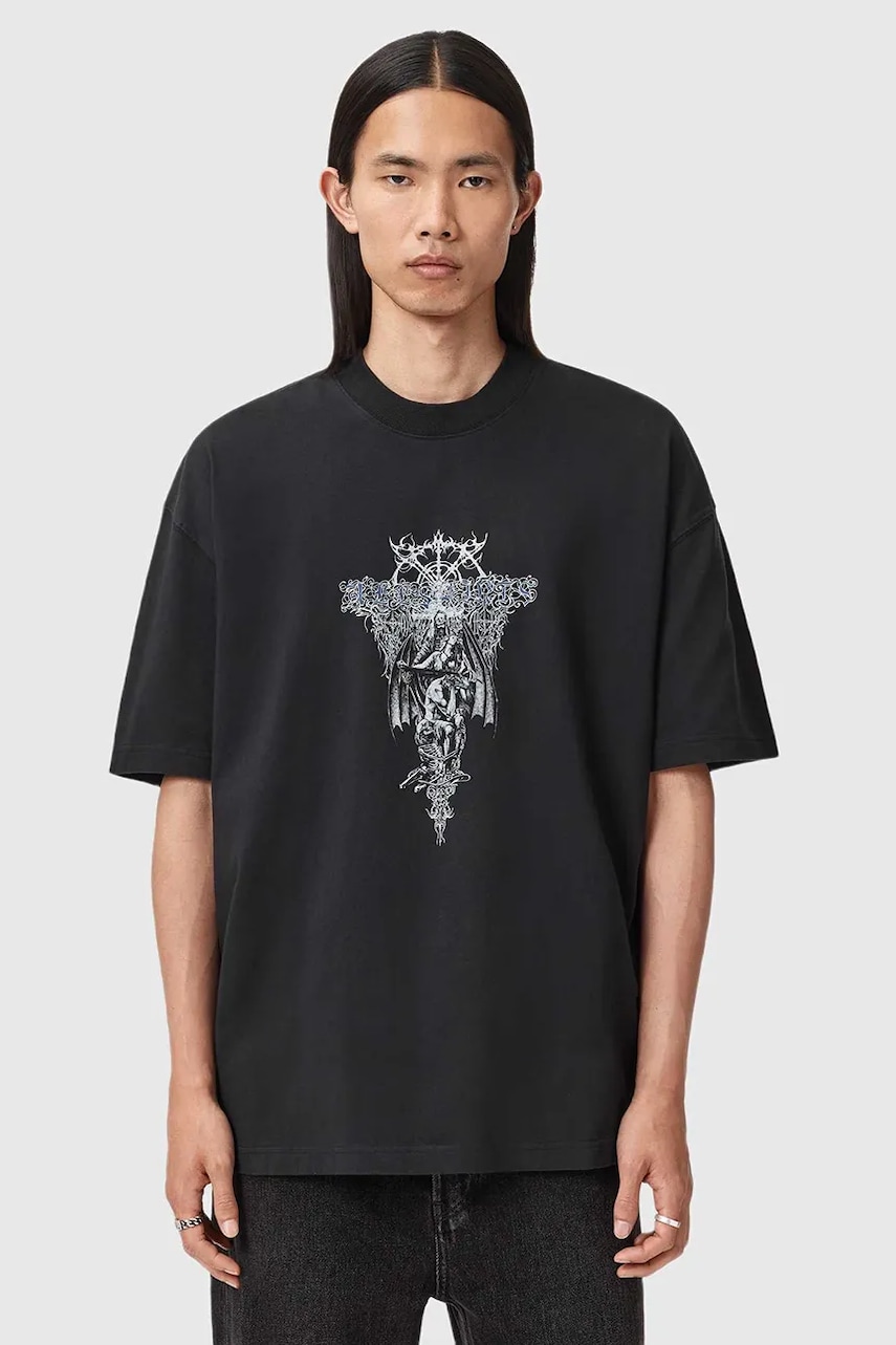 Bavlněné tričko AllSaints pánské, černá barva, s potiskem, M030PD