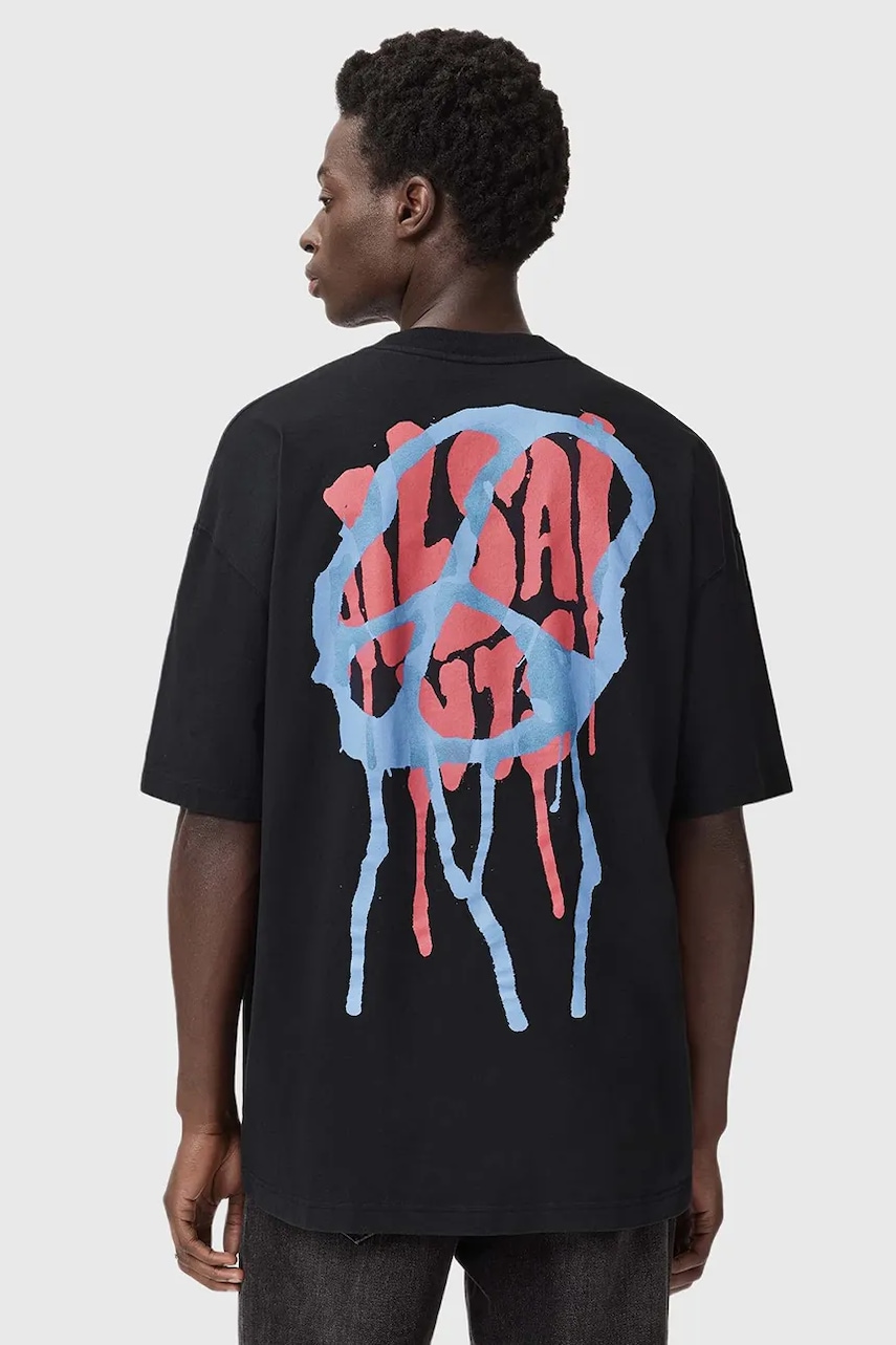 Bavlněné tričko AllSaints pánské, černá barva, s potiskem, M035PD