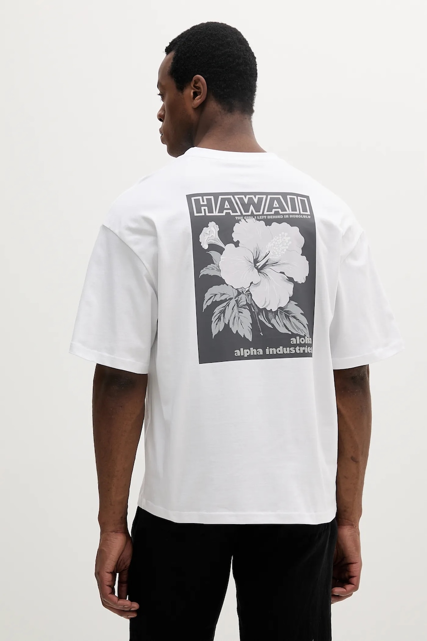 Bavlněné tričko Alpha Industries Aloha Flower T BP pánské, bílá barva, s potiskem, 156523