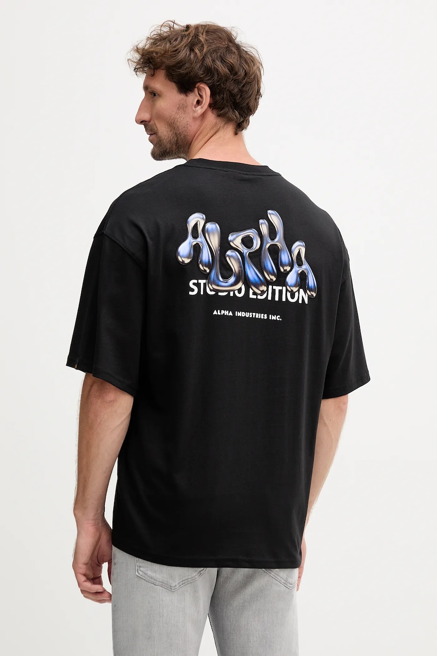 Bavlněné tričko Alpha Industries pánské, černá barva, s potiskem, 156553.03