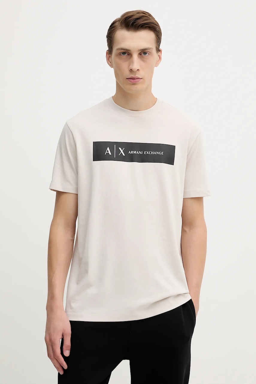 Bavlněné tričko Armani Exchange pánské, béžová barva, s potiskem, XM001425 AF10361