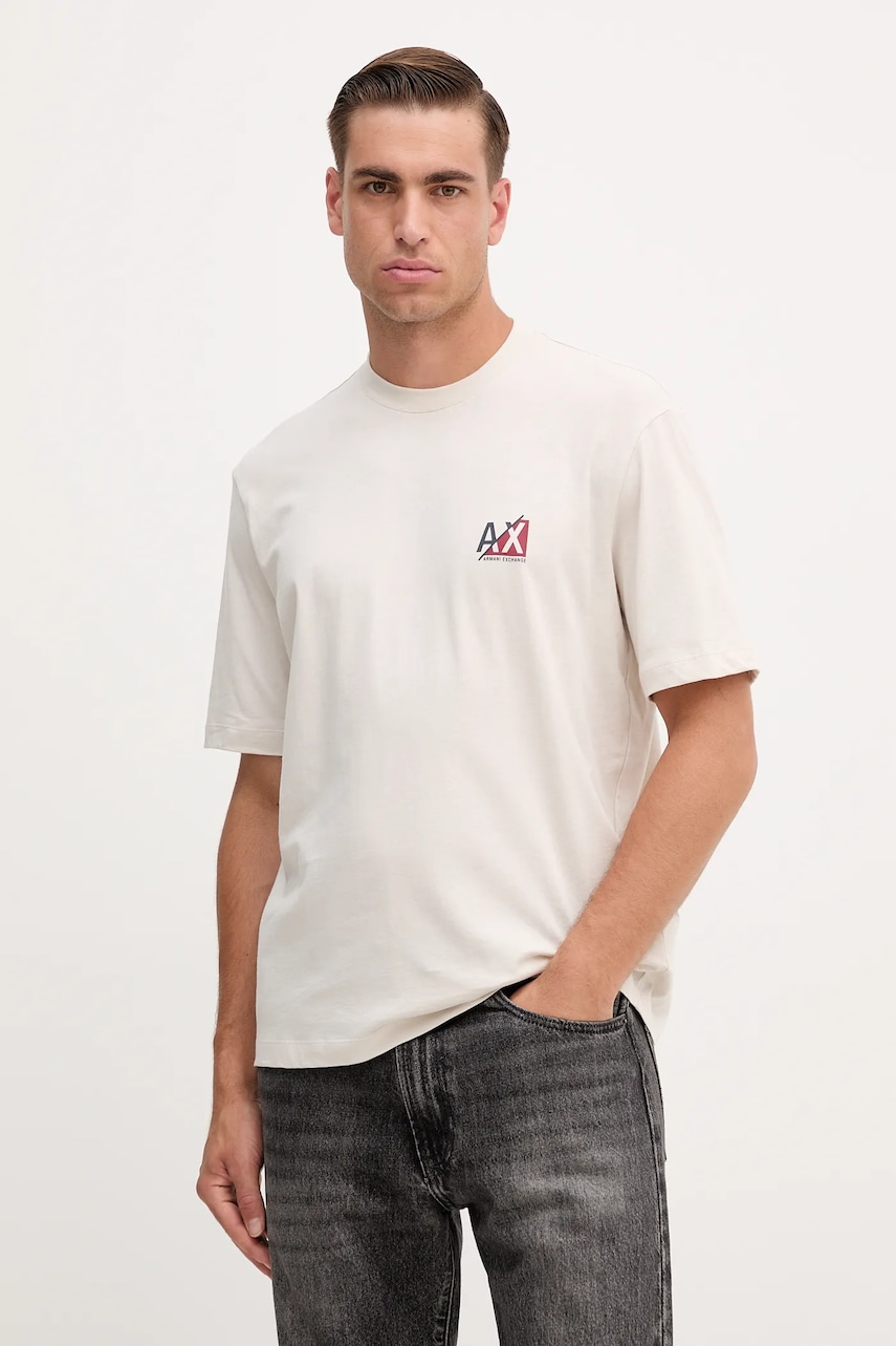 Bavlněné tričko Armani Exchange pánské, béžová barva, s potiskem, XM001451 AF10356