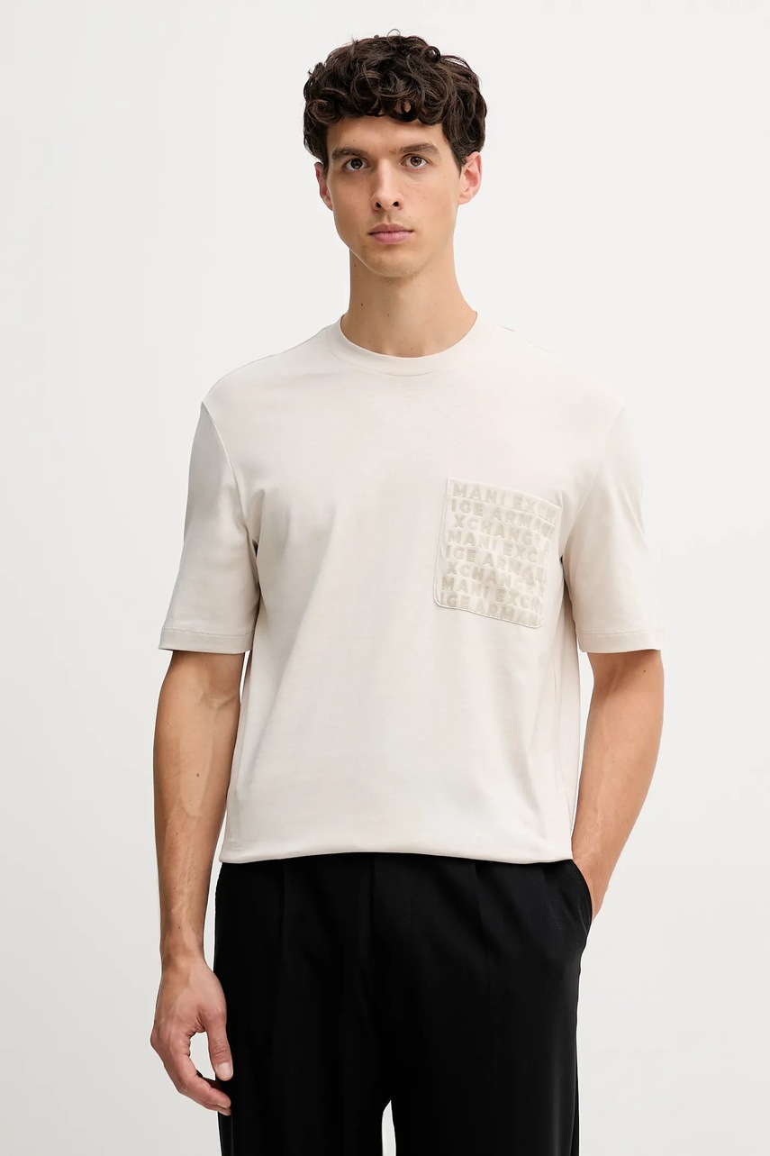 Bavlněné tričko Armani Exchange pánské, béžová barva, s potiskem, XM001459 AF10362