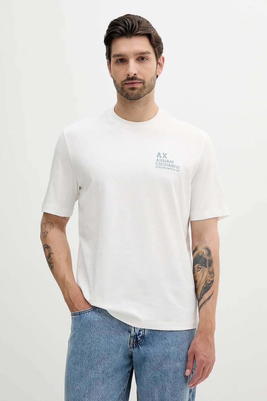 Bavlněné tričko Armani Exchange pánské, bílá barva, s aplikací, XM000769 AF10361