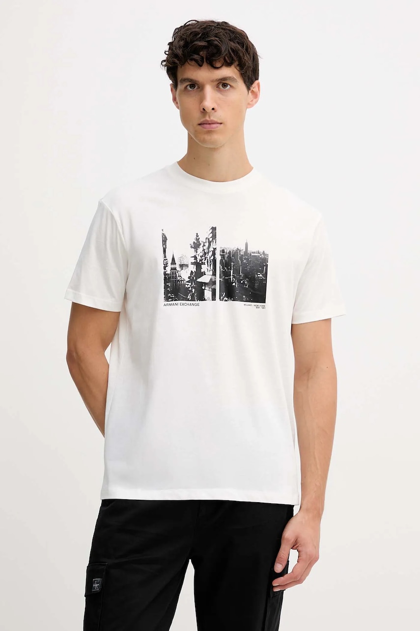 Bavlněné tričko Armani Exchange pánské, bílá barva, s potiskem, XM001461 AF10358