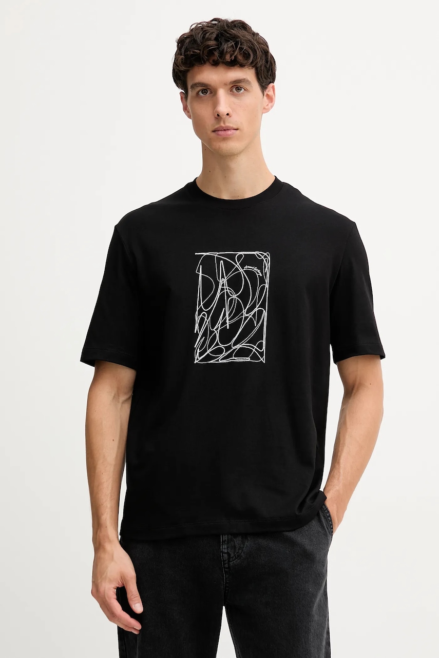 Bavlněné tričko Armani Exchange pánské, černá barva, s aplikací, XM001468 AF10362
