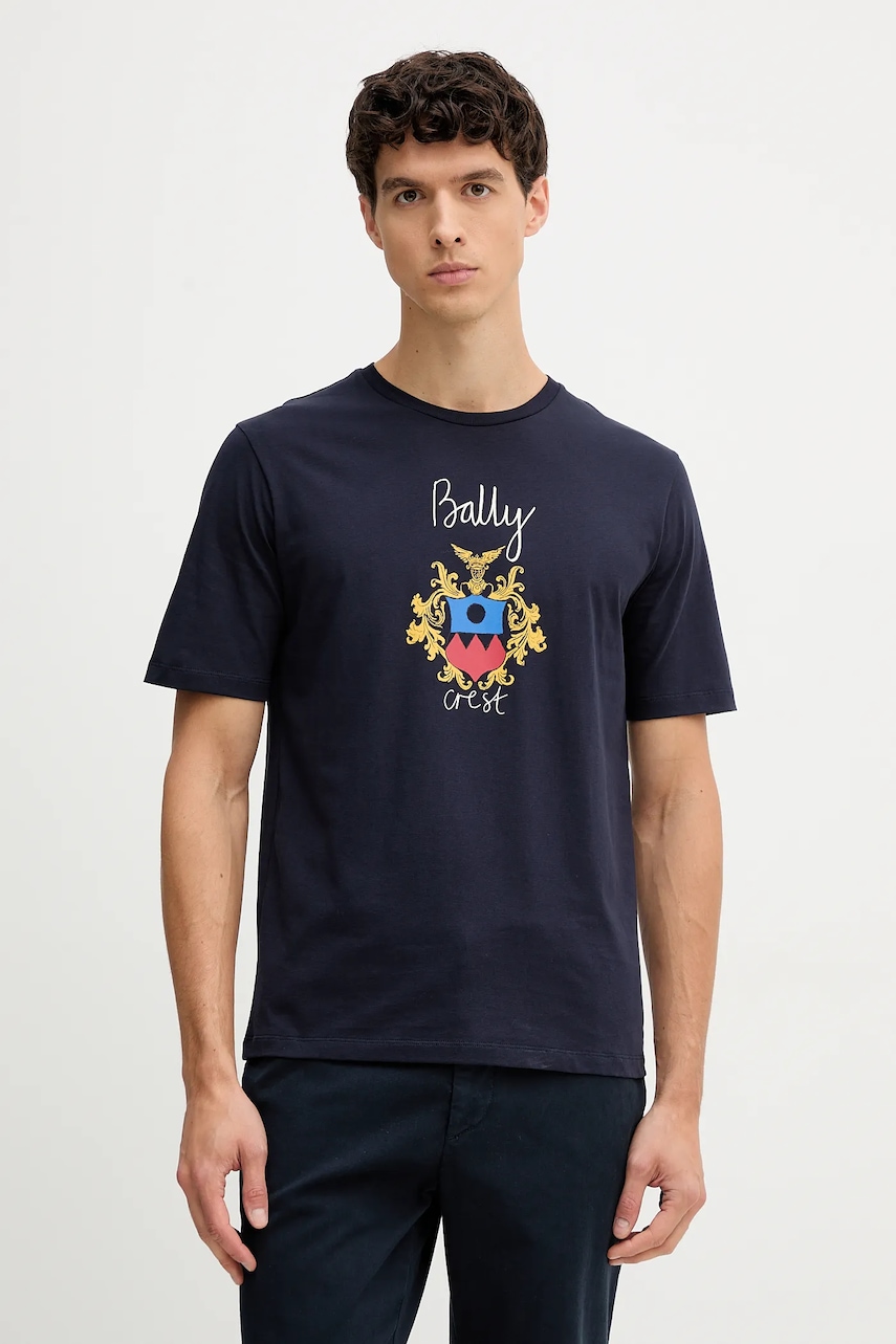Bavlněné tričko Bally pánské, tmavomodrá barva, s potiskem, MJE0AB