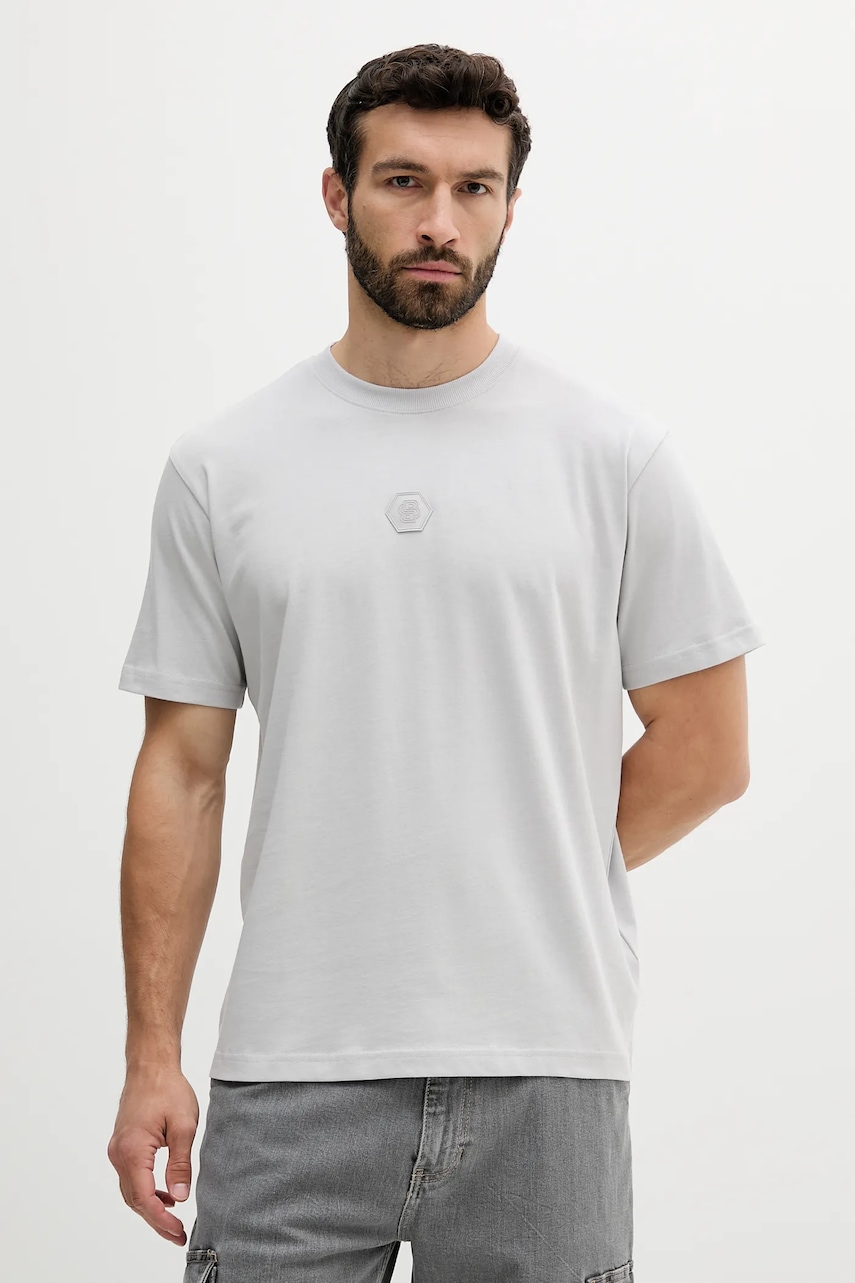 Bavlněné tričko BOSS Green Tee Future pánské, šedá barva, s aplikací, 50544316