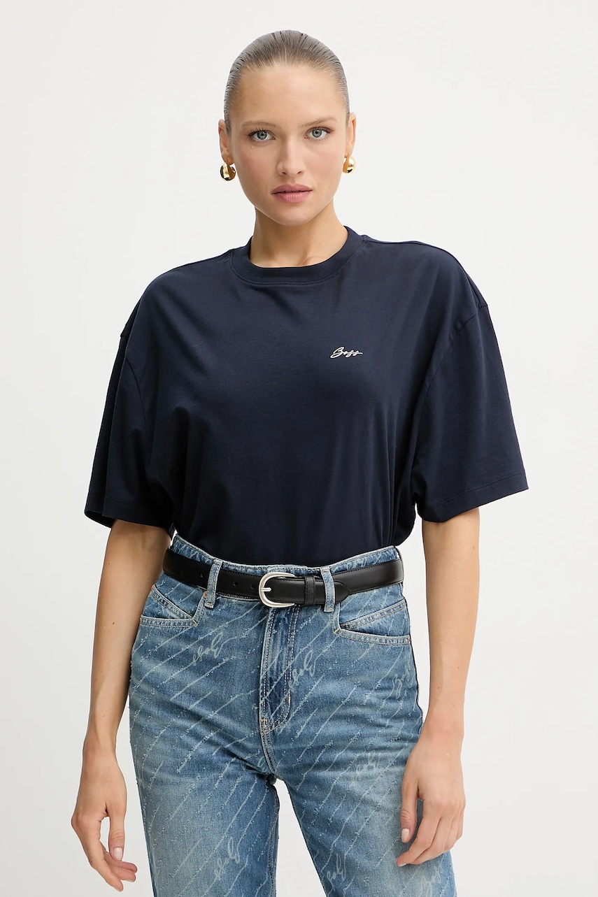 Bavlněné tričko BOSS Orange C_Eboyfriend_5 dámské, tmavomodrá barva, 50545498