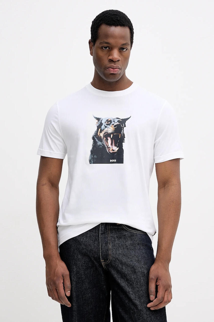 Bavlněné tričko BOSS Orange Te_Dobermann pánské, bílá barva, s potiskem, 50558965