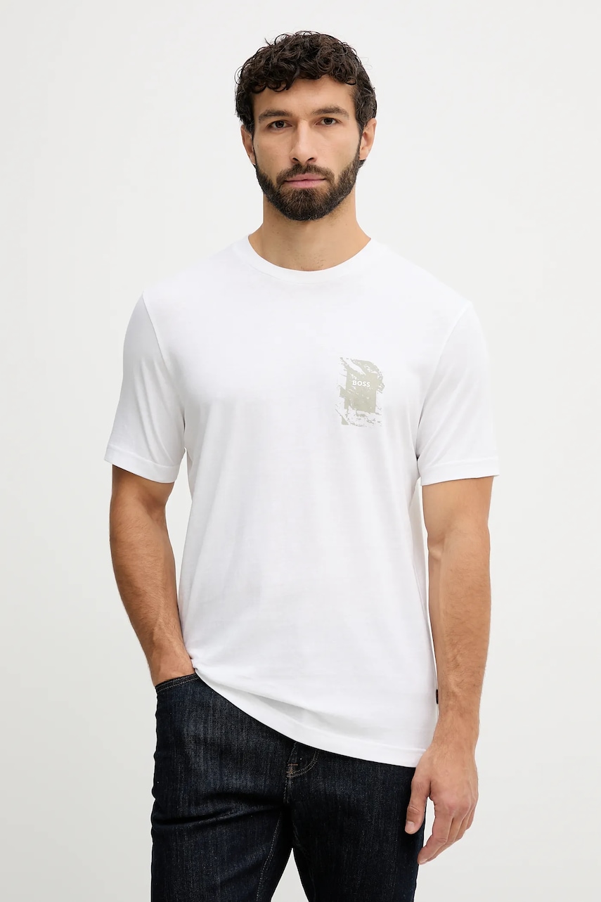 Bavlněné tričko BOSS Orange Te_structure pánské, béžová barva, s potiskem, 50554610