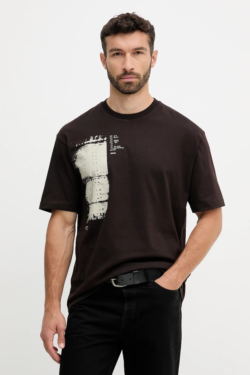 Bavlněné tričko BOSS Orange Te_Wagon pánské, hnědá barva, s potiskem, 50546958