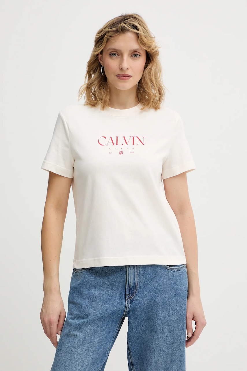 Bavlněné tričko Calvin Klein Jeans dámské, béžová barva, LV047E813G