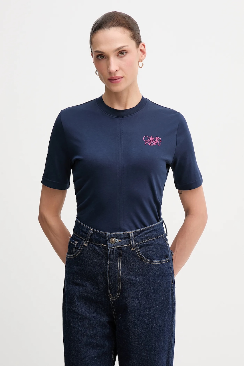 Bavlněné tričko Calvin Klein Jeans dámské, tmavomodrá barva, LV047D211G