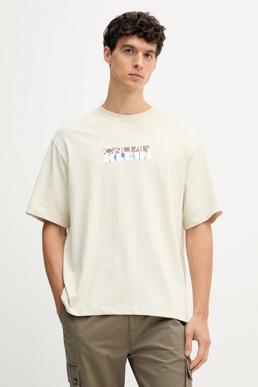 Bavlněné tričko Calvin Klein Jeans pánské, béžová barva, s aplikací, LV04RD808G