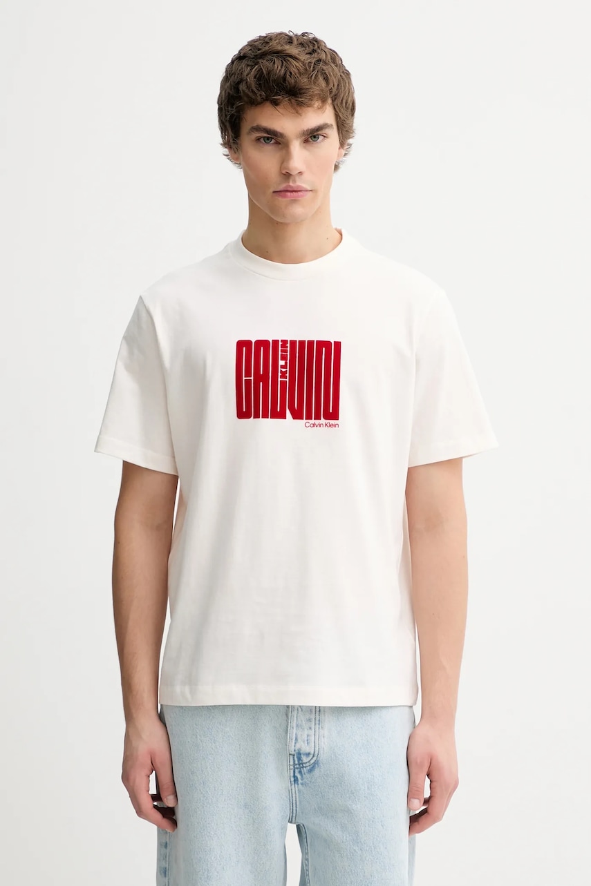 Bavlněné tričko Calvin Klein pánské, béžová barva, s potiskem, LV04RE832G