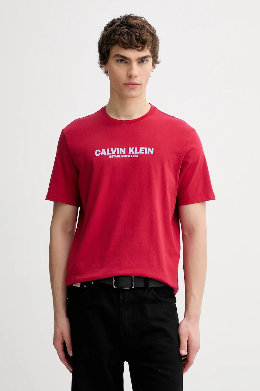 Bavlněné tričko Calvin Klein pánské, červená barva, s potiskem, LV04RE820G