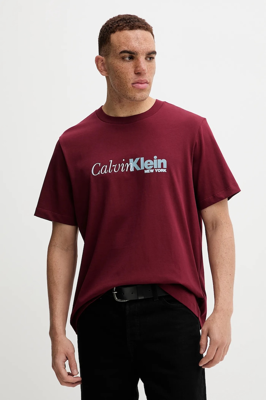 Bavlněné tričko Calvin Klein pánské, vínová barva, s potiskem, LV04RD822G