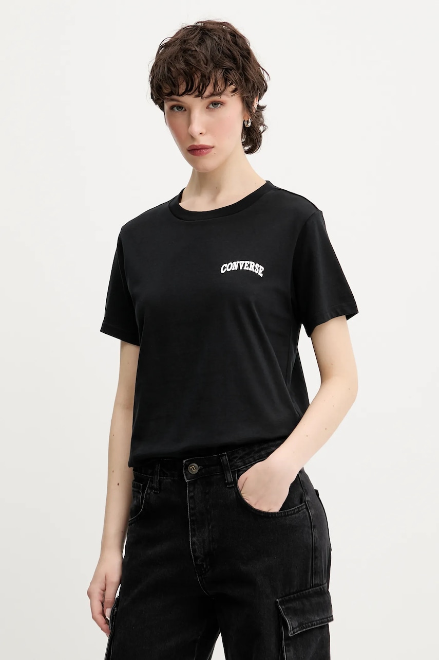Bavlněné tričko Converse dámské, černá barva, 10028336-A03