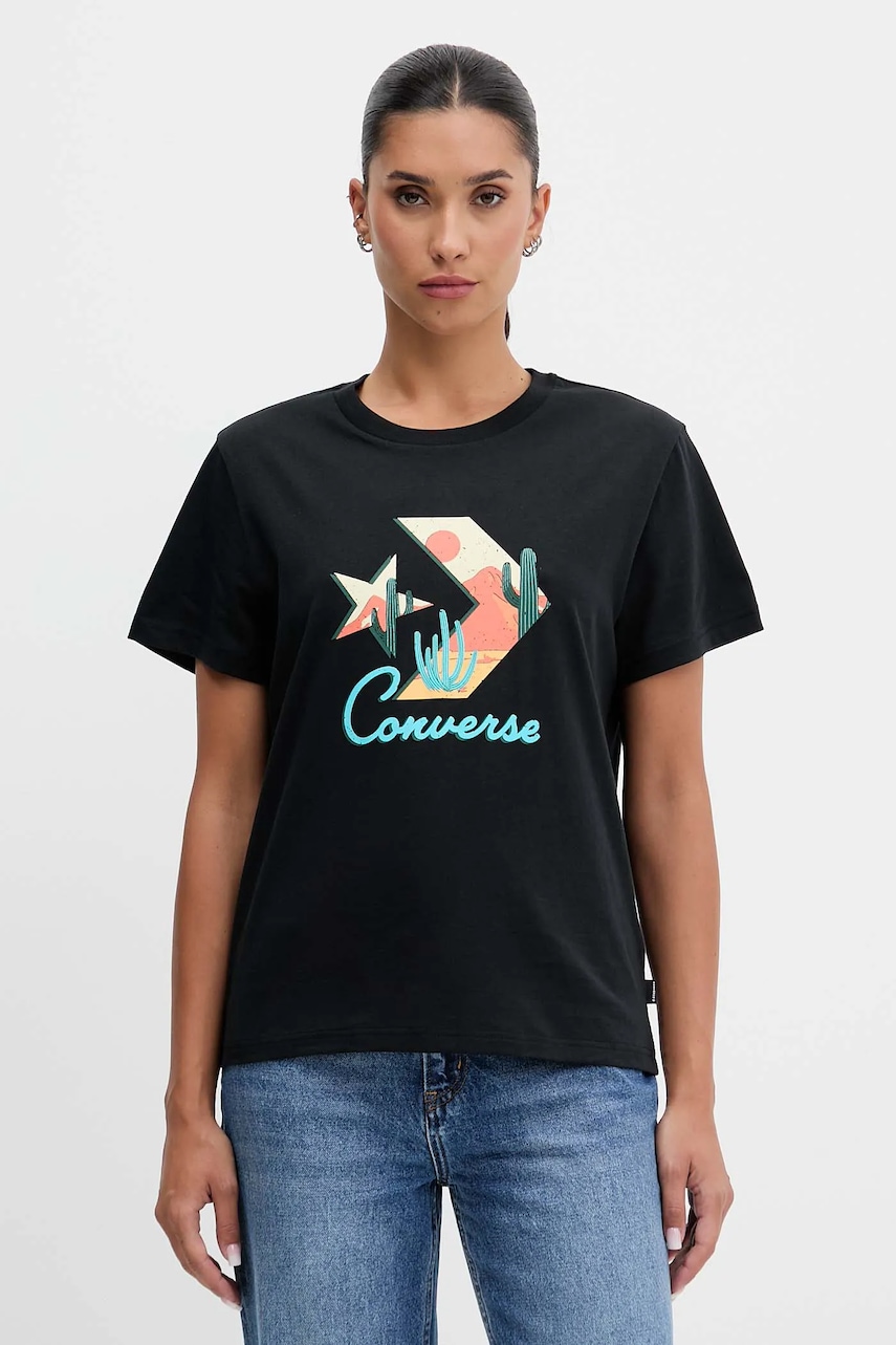 Bavlněné tričko Converse dámské, černá barva, CVW5T240
