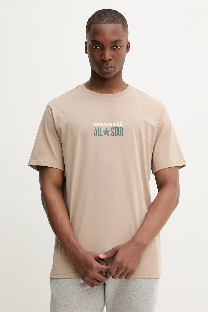 Bavlněné tričko Converse pánské, béžová barva, s potiskem, 10028551-A05
