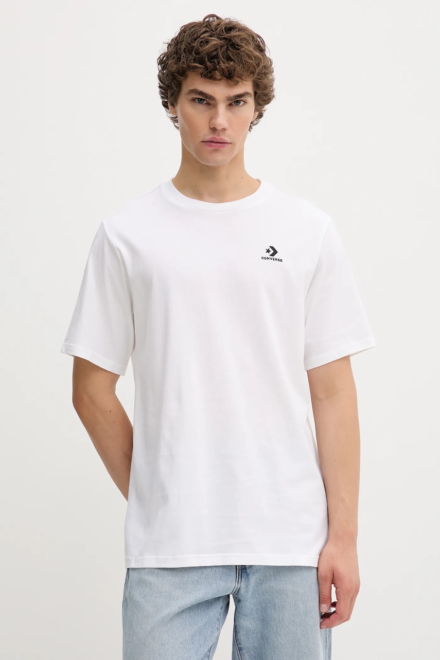 Bavlněné tričko Converse pánské, bílá barva, s aplikací, CVM5T876