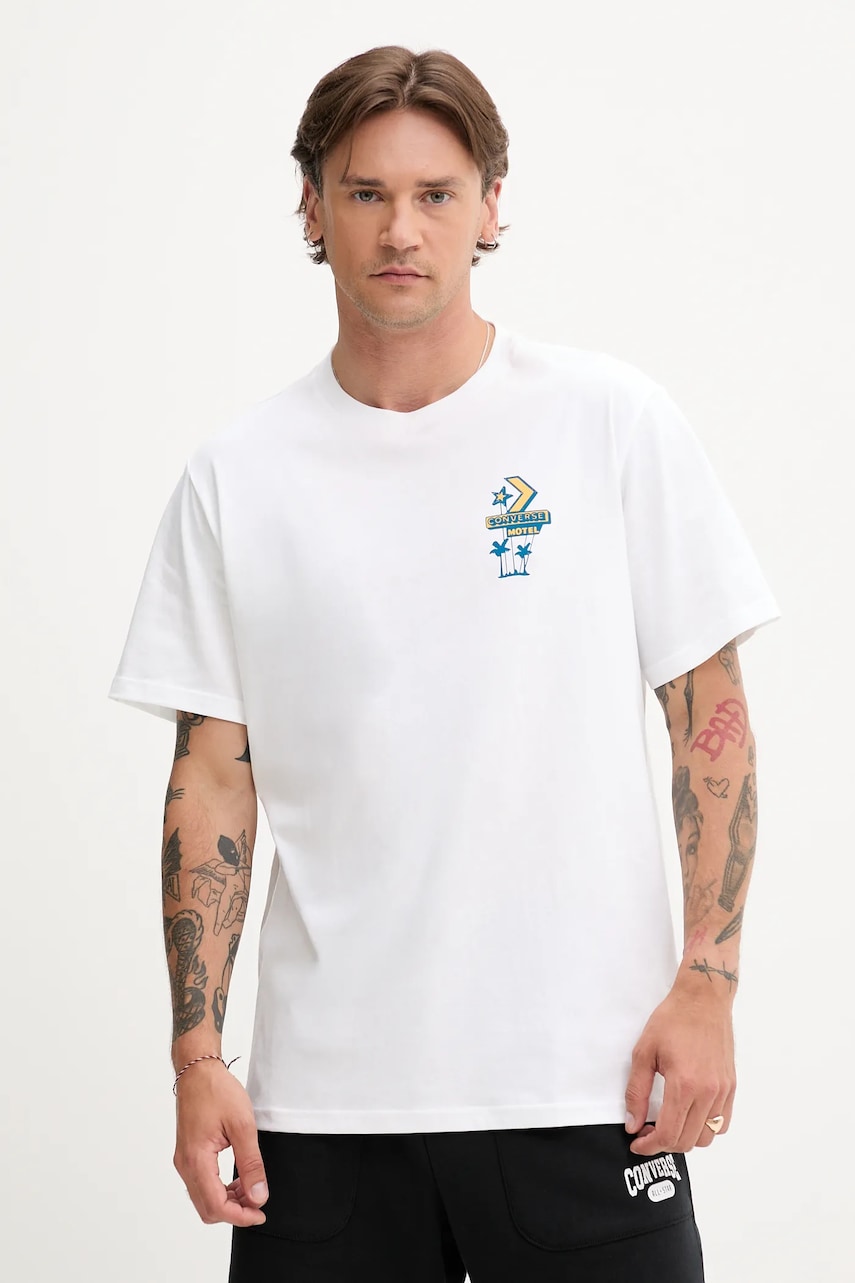 Bavlněné tričko Converse pánské, bílá barva, s potiskem, 10027725-A01