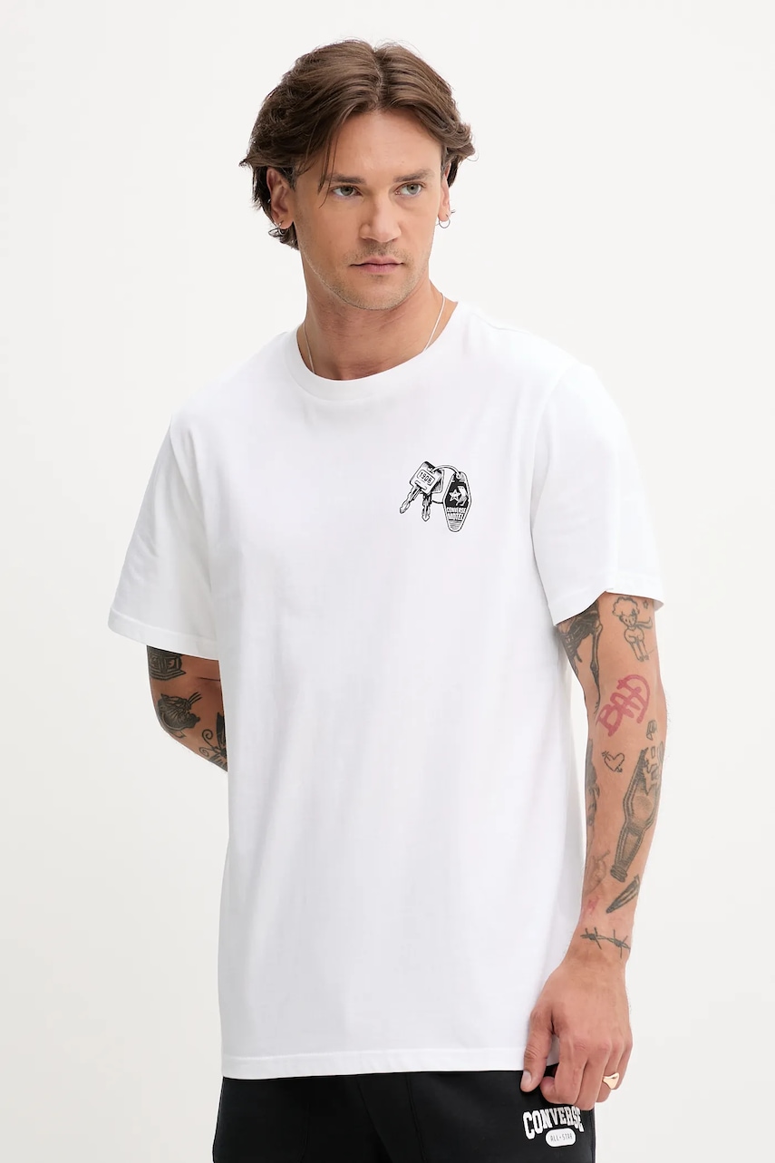 Bavlněné tričko Converse pánské, bílá barva, s potiskem, 10027726-A02