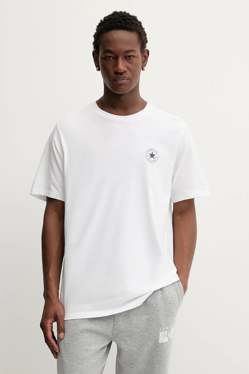 Bavlněné tričko Converse pánské, bílá barva, s potiskem, CVM5T565