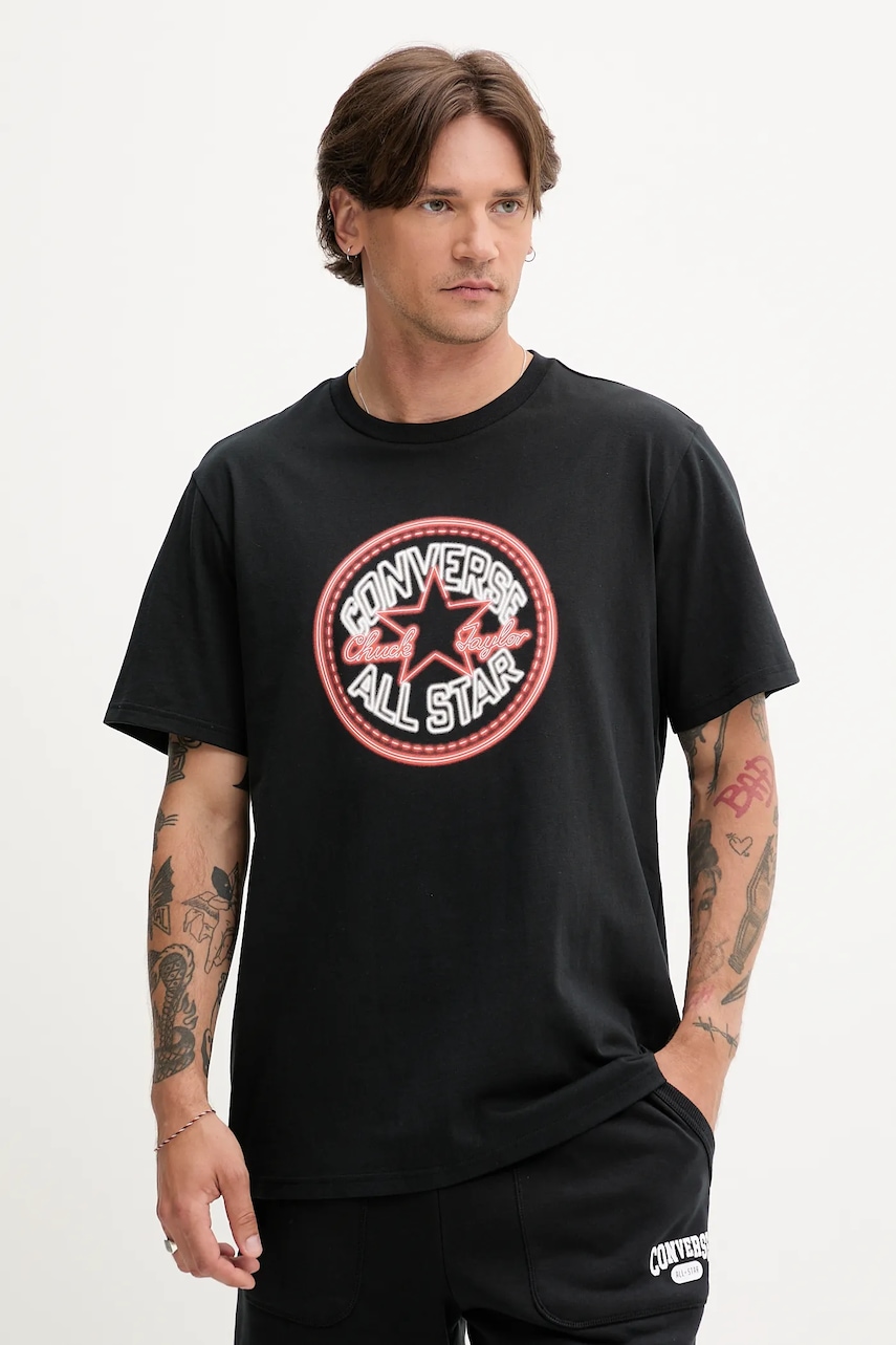 Bavlněné tričko Converse pánské, černá barva, s potiskem, 10027722-A01