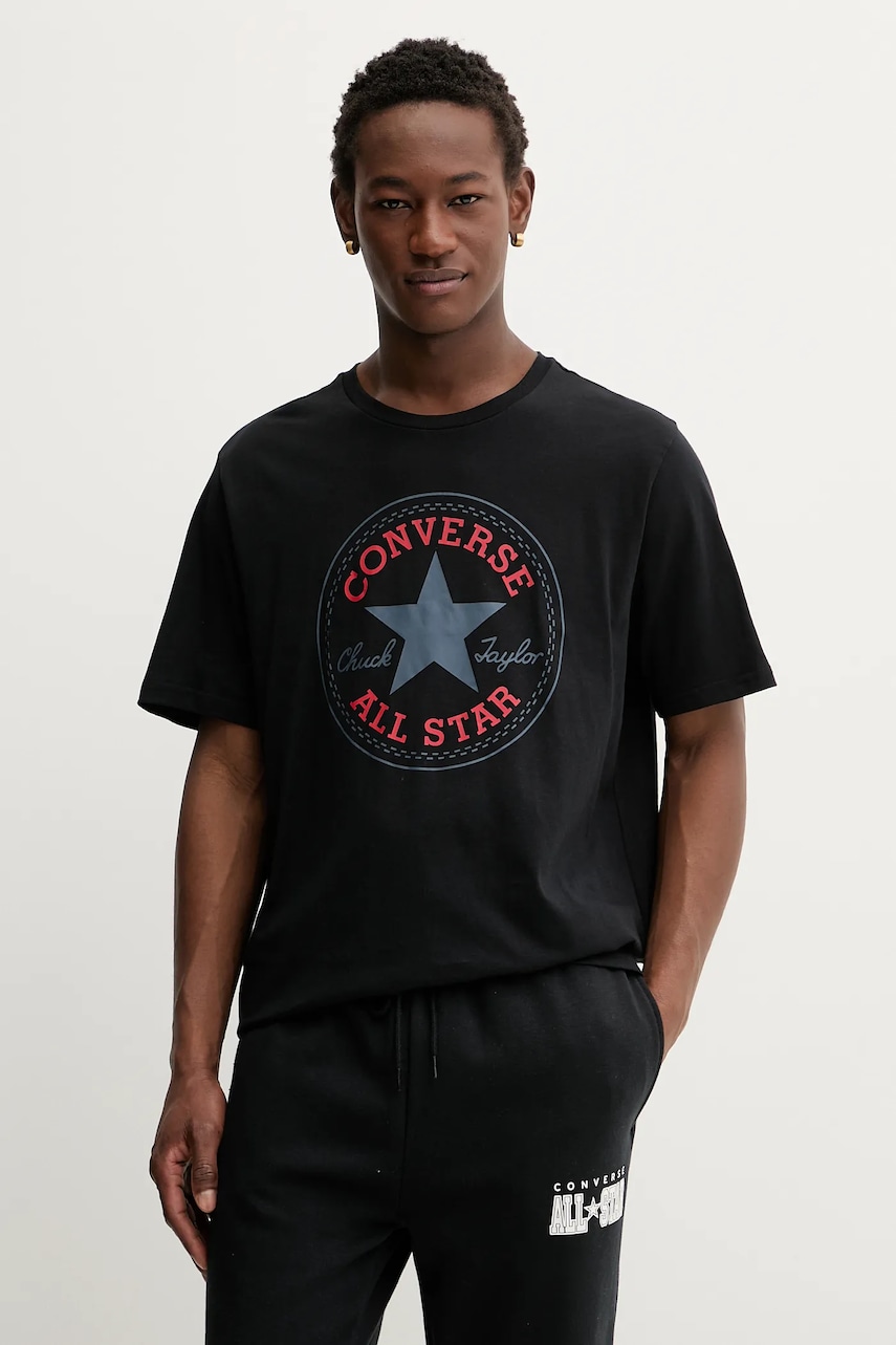 Bavlněné tričko Converse pánské, černá barva, s potiskem, CVM5T459