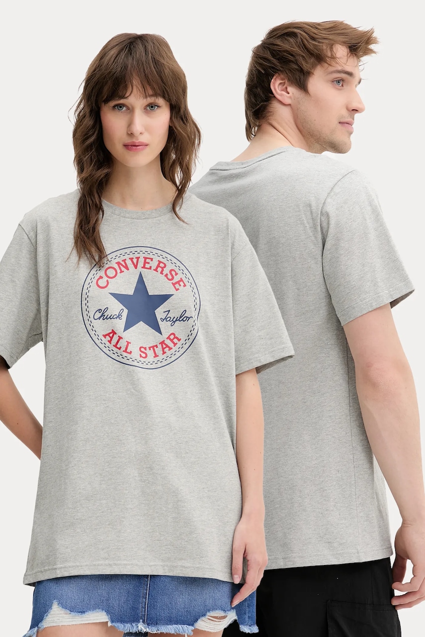 Bavlněné tričko Converse šedá barva, s potiskem, 10025459-A07