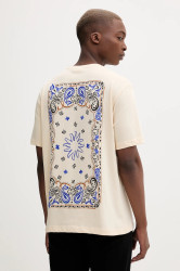 Bavlněné tričko Desigual BACK PANEL PAISLEY pánské, béžová barva, s potiskem, 25WMTK38