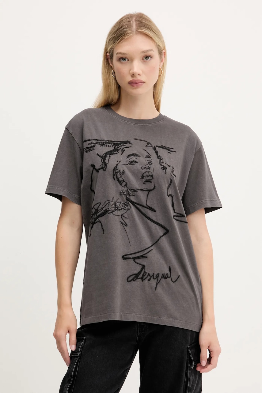 Bavlněné tričko Desigual BUDAPEST dámské, šedá barva, 25WWTK47