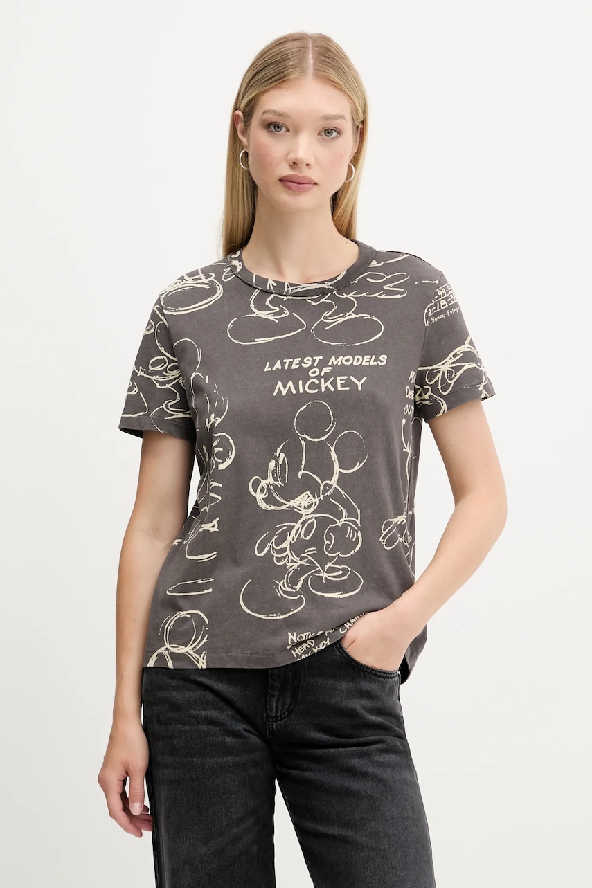 Bavlněné tričko Desigual MICKEY SKETCH dámské, šedá barva, 25WWTK03