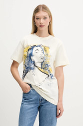 Bavlněné tričko Desigual PORTRAIT dámské, béžová barva, 25WWTK05