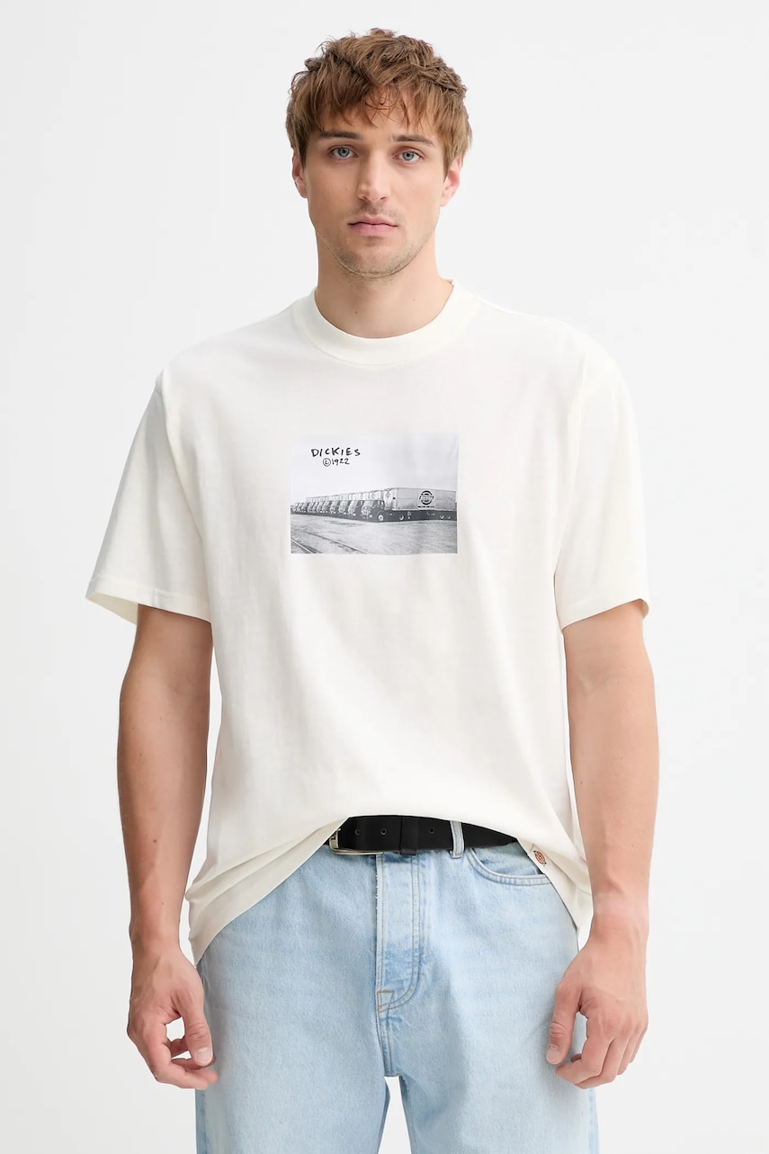 Bavlněné tričko Dickies pánské, béžová barva, s potiskem, DK0A87YM