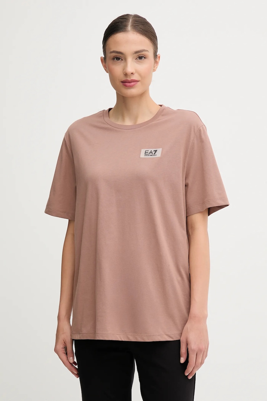 Bavlněné tričko EA7 Emporio Armani dámské, hnědá barva, AF12503.7W000407