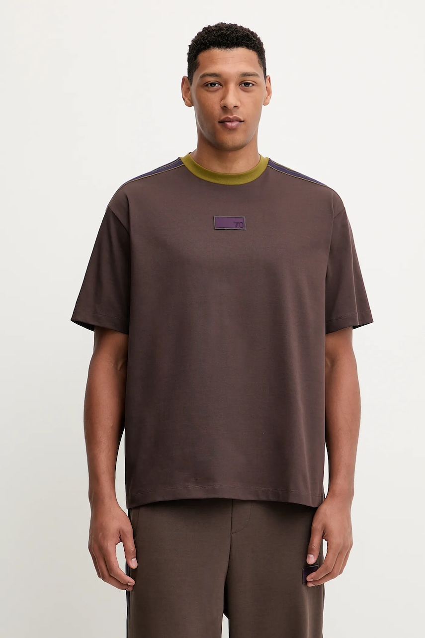 Bavlněné tričko EA7 Emporio Armani pánské, hnědá barva, s aplikací, AF12957.7X000404