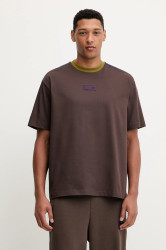 Bavlněné tričko EA7 Emporio Armani pánské, hnědá barva, s aplikací, AF12957.7X000404