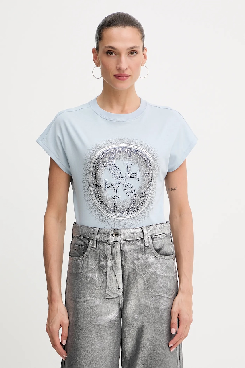 Bavlněné tričko Guess 4G dámské, fialová barva, W5YI14 I3Z14