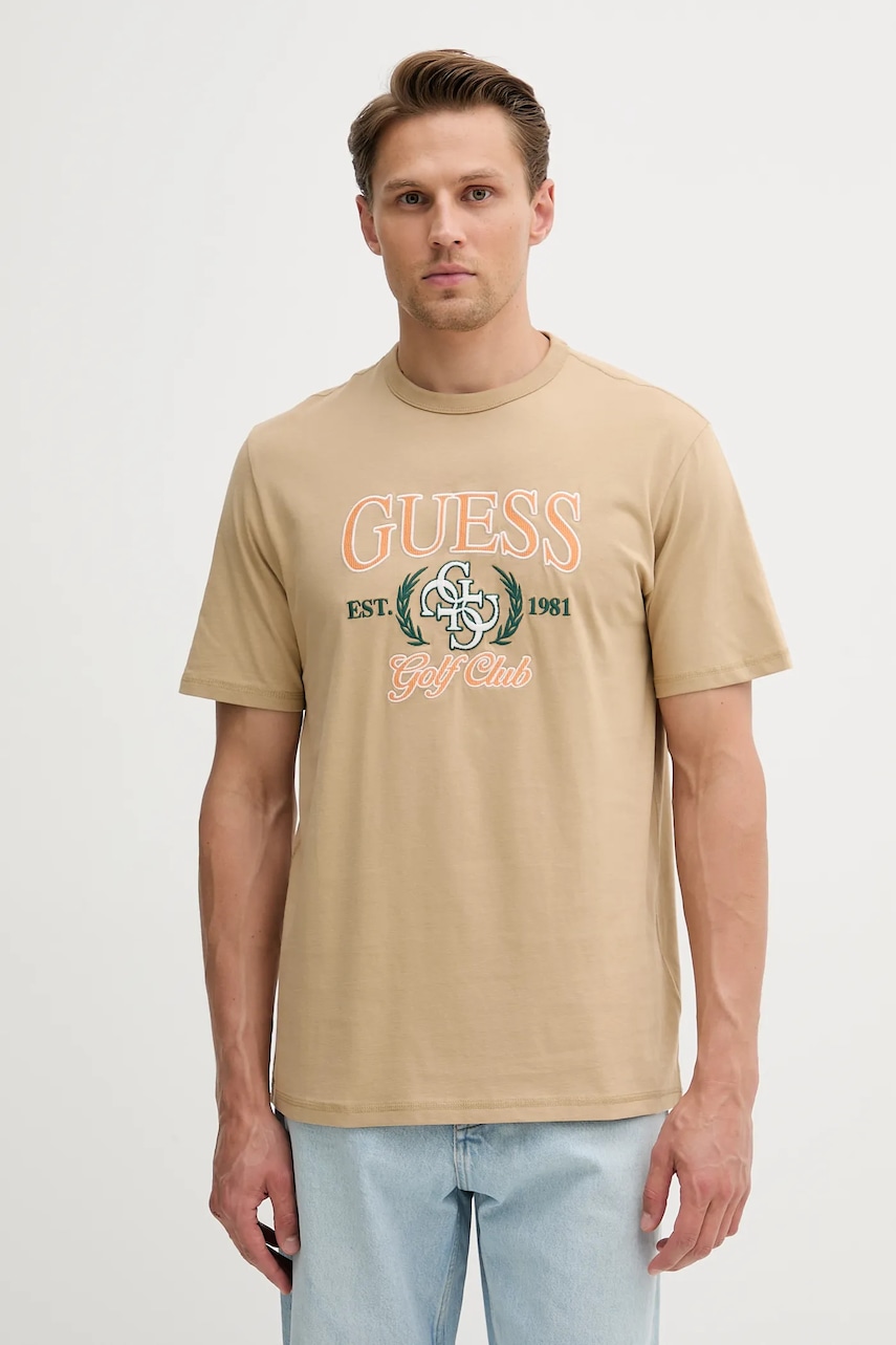 Bavlněné tričko Guess 4G pánské, béžová barva, s aplikací, M5YI22 K8FQ4