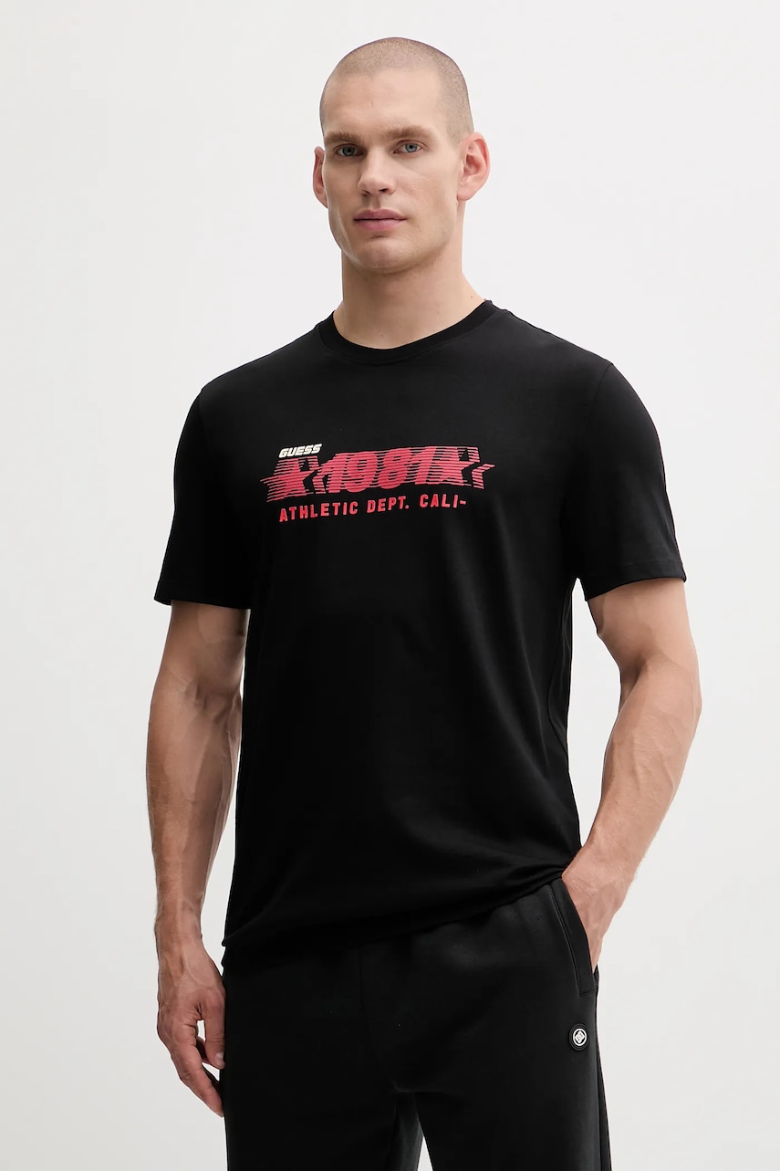 Bavlněné tričko Guess ADELMO pánské, černá barva, s potiskem, Z5YI19 I3Z14