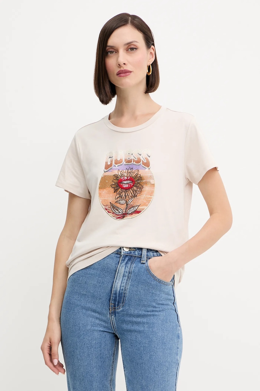 Bavlněné tričko Guess dámské, béžová barva, W5YI32 K9RM1