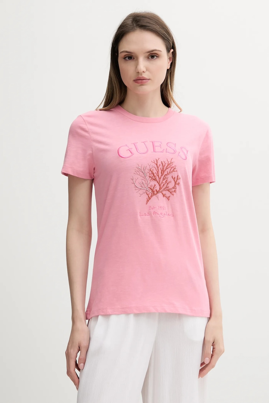 Bavlněné tričko Guess dámské, růžová barva, E5GI03 K8G01