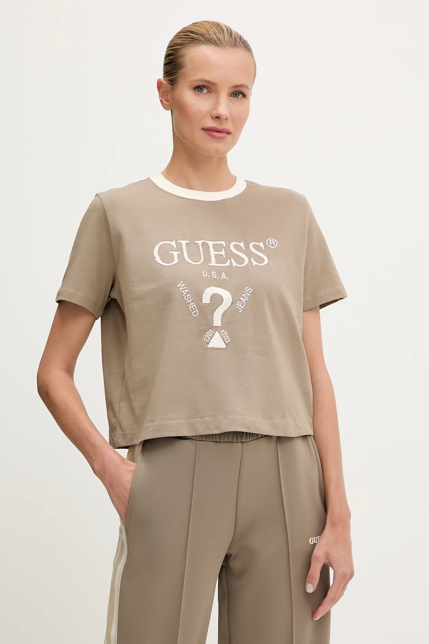 Bavlněné tričko Guess FILANTA dámské, béžová barva, V5GI18 I3Z14