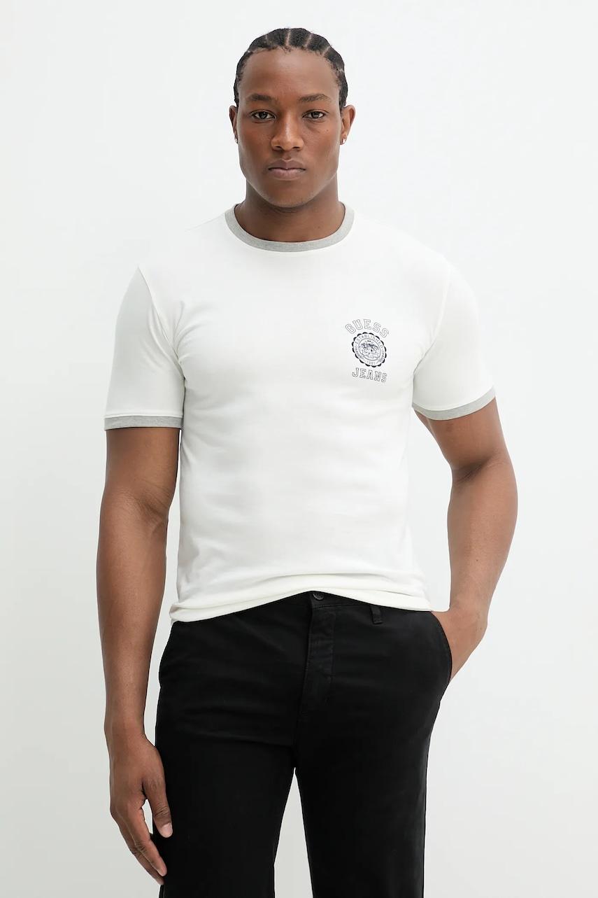 Bavlněné tričko Guess Jeans pánské, béžová barva, s potiskem, M5GI57 KCTX1